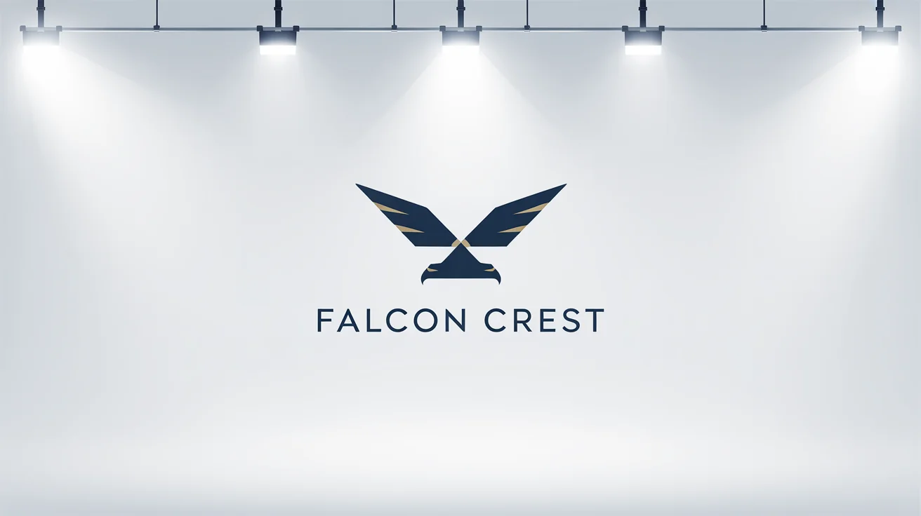 A modern, professional logo of a stylized diving falcon in navy blue and gold. The text 'Falcon Crest' is written underneath in a clean font, all on a light gray background.