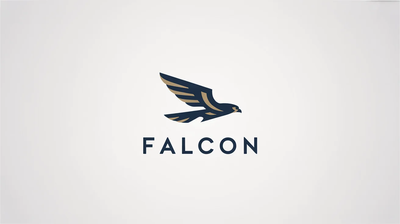 A modern, minimalist vector logo of a falcon in a diving pose, designed with navy blue and gold accents. The word 'FALCON' is written below it. The background is solid white.