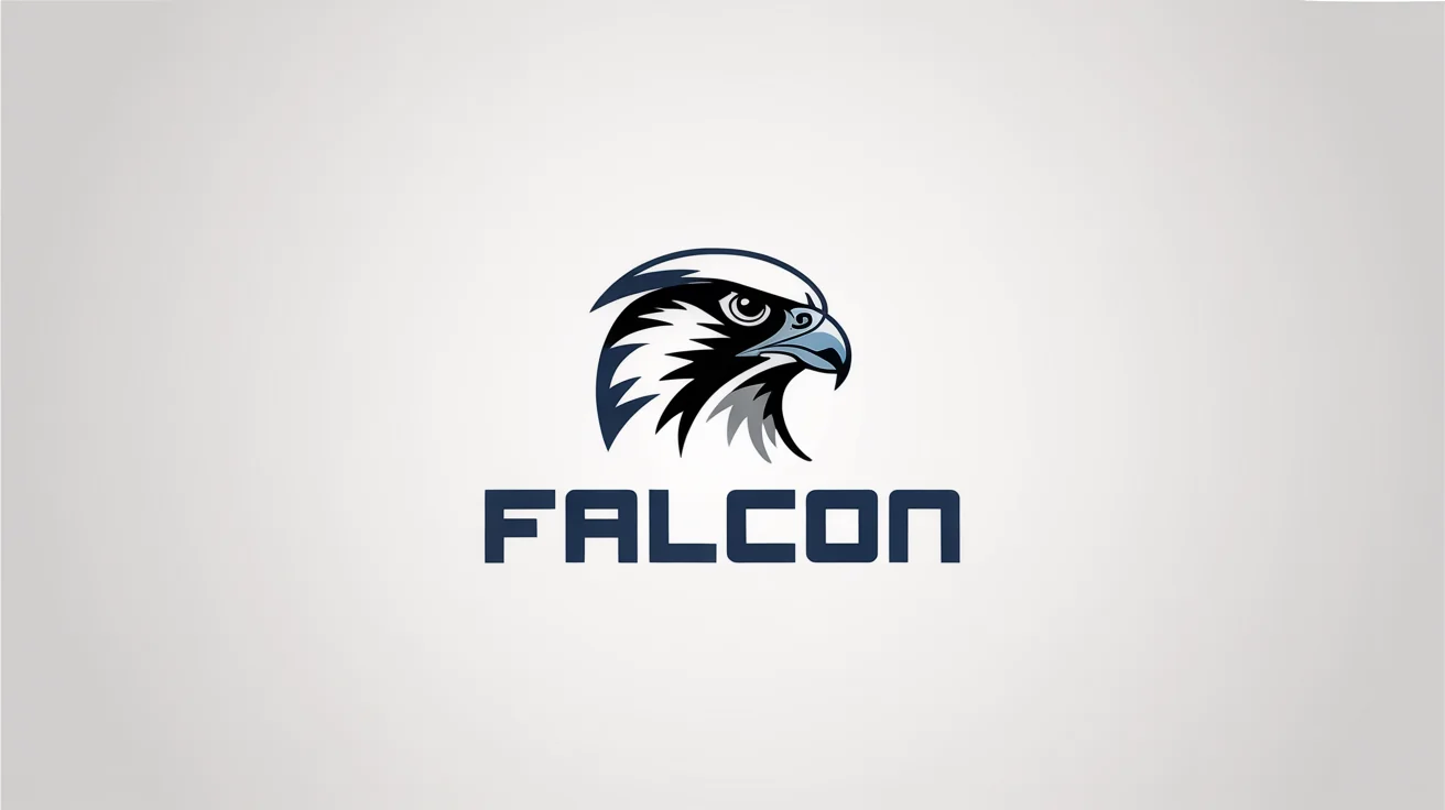 A modern, minimalist vector logo of a falcon's head in profile, designed with navy blue, silver, and white. The word 'FALCON' is written underneath on a white background.