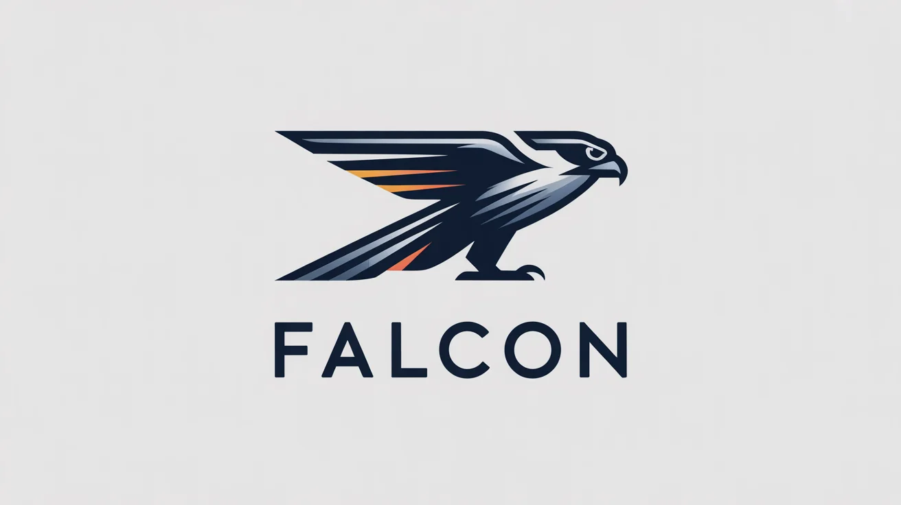 A sleek, modern vector logo of a falcon in navy blue and silver with an orange accent, displayed on a white background with the word 'FALCON' below it.