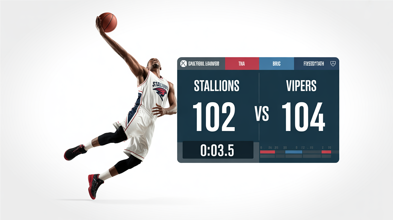 An action-packed shot from a basketball game showing a player about to score, with a professional dark blue scoreboard overlay showing the team names 'Stallions' and 'Vipers', the score 102-104, and a timer.