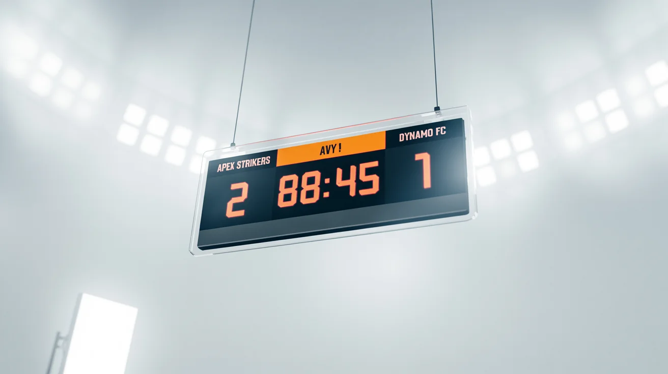 A mockup of a modern sports scoreboard overlay for a soccer game, showing 'Apex Strikers' leading 'Dynamo FC' with a score of 2 to 1 in the 88th minute of the match.