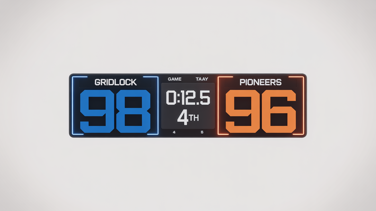 A professional sports scoreboard overlay mockup for a basketball game. The score shows the Gridlock with 98 points and the Pioneers with 96 points, with 12.5 seconds left in the 4th quarter.