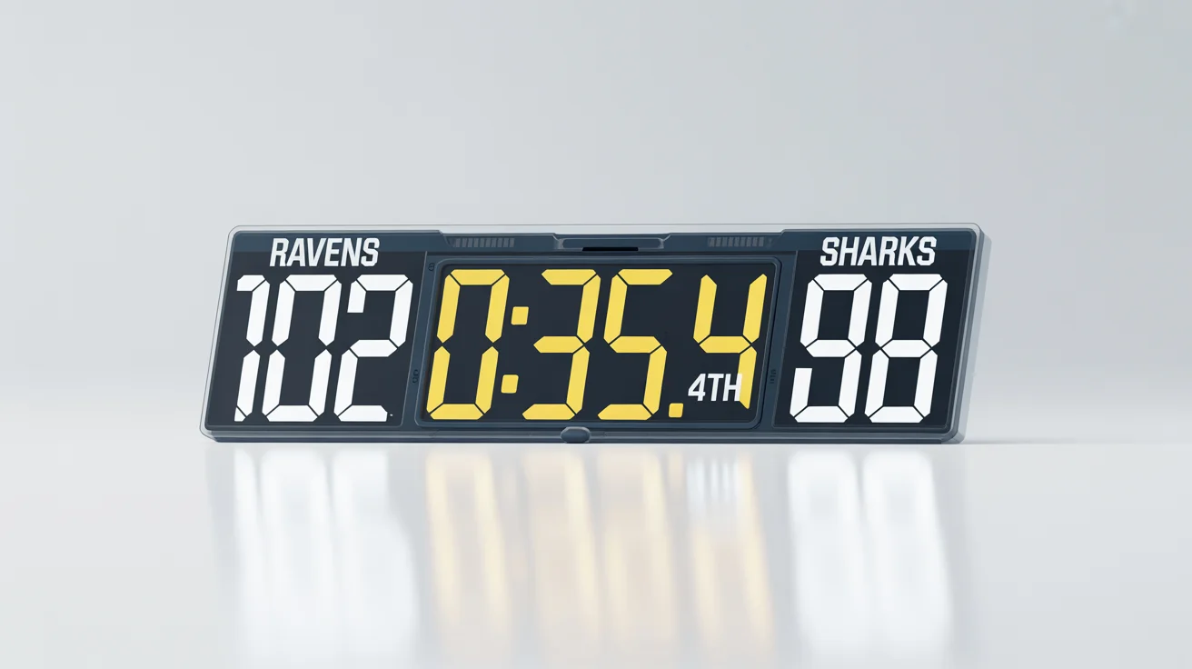 A mockup of a modern basketball scoreboard overlay showing a close game between the Ravens and the Sharks, presented on a clean white background.
