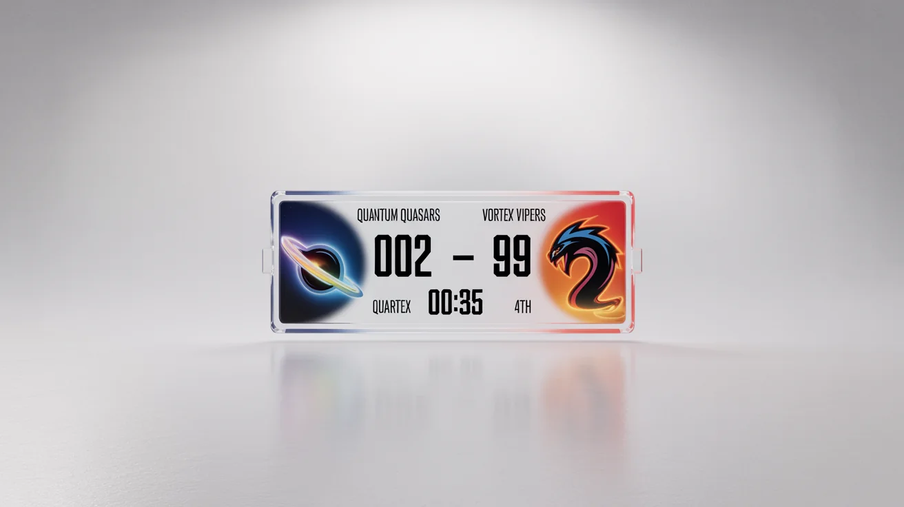 A mockup of a modern, professional basketball scoreboard overlay showing a close game between the 'Quantum Quasars' and the 'Vortex Vipers', displayed on a clean white background.