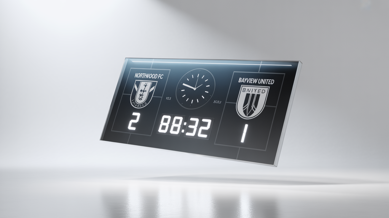 A mockup of a modern, translucent scoreboard overlay for a soccer game, showing Northwood FC leading Bayview United 2-1 with the clock at 88:32.