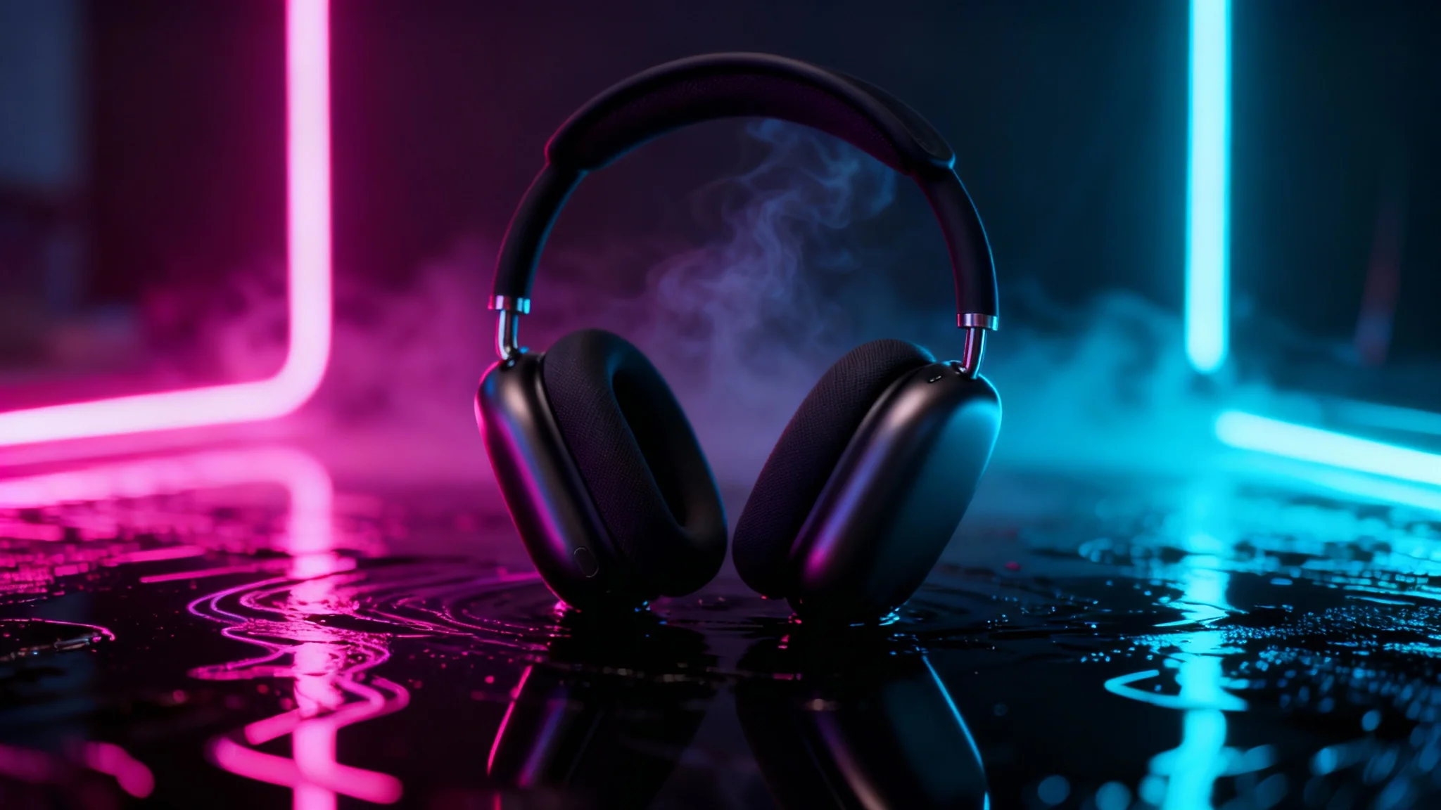 A professional product photograph of sleek, modern wireless headphones showcased against a dark background with vibrant pink and blue neon lights. The headphones sit on a reflective surface, mirroring the neon glow.
