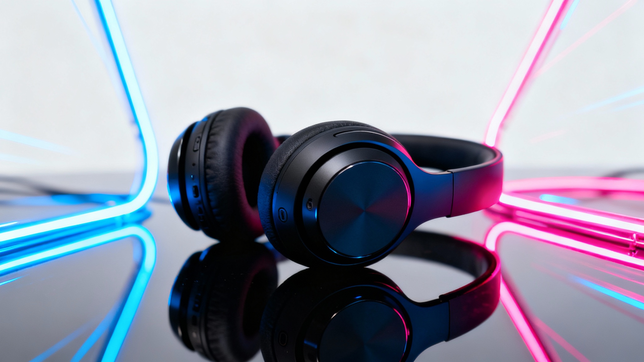 A pair of sleek black headphones on a reflective surface, dramatically lit by blue and pink neon lights against a clean white background, showcasing a futuristic product photography style.