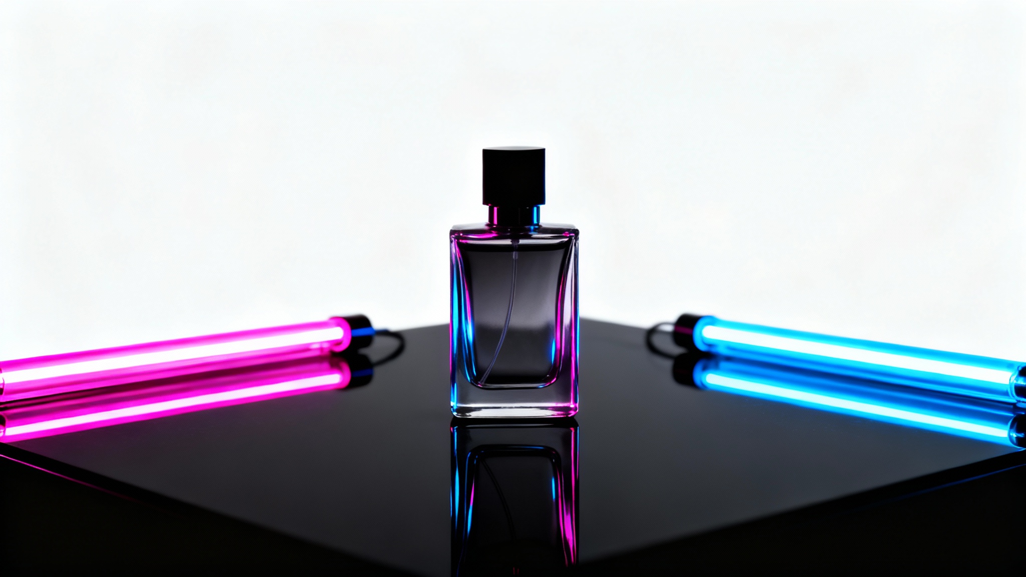 A professional product photograph of a sleek perfume bottle illuminated by vibrant pink and blue neon lights, creating dramatic reflections on a glossy surface against a white background.