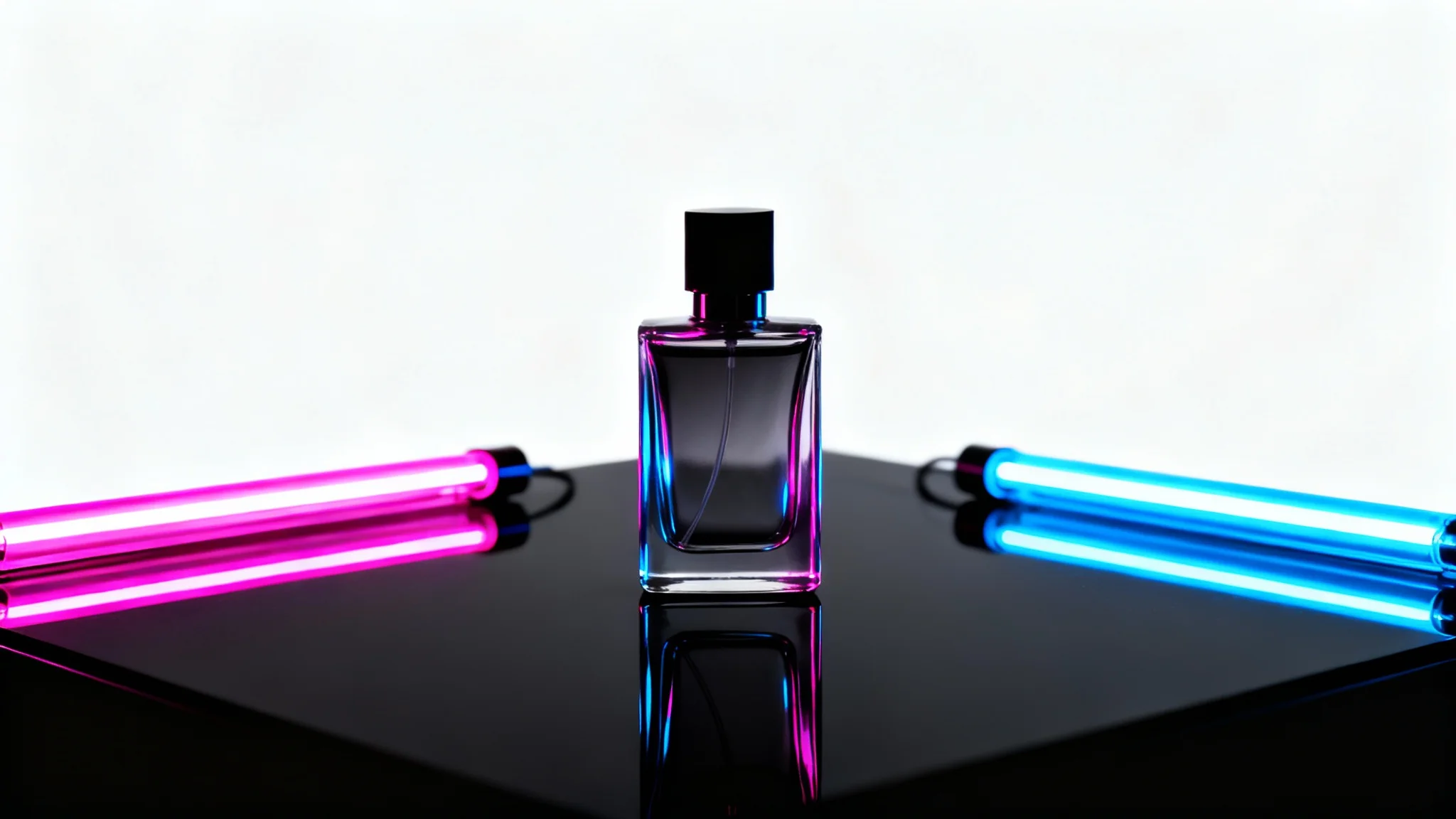 A professional product photograph of a sleek perfume bottle illuminated by vibrant pink and blue neon lights, creating dramatic reflections on a glossy surface against a white background.