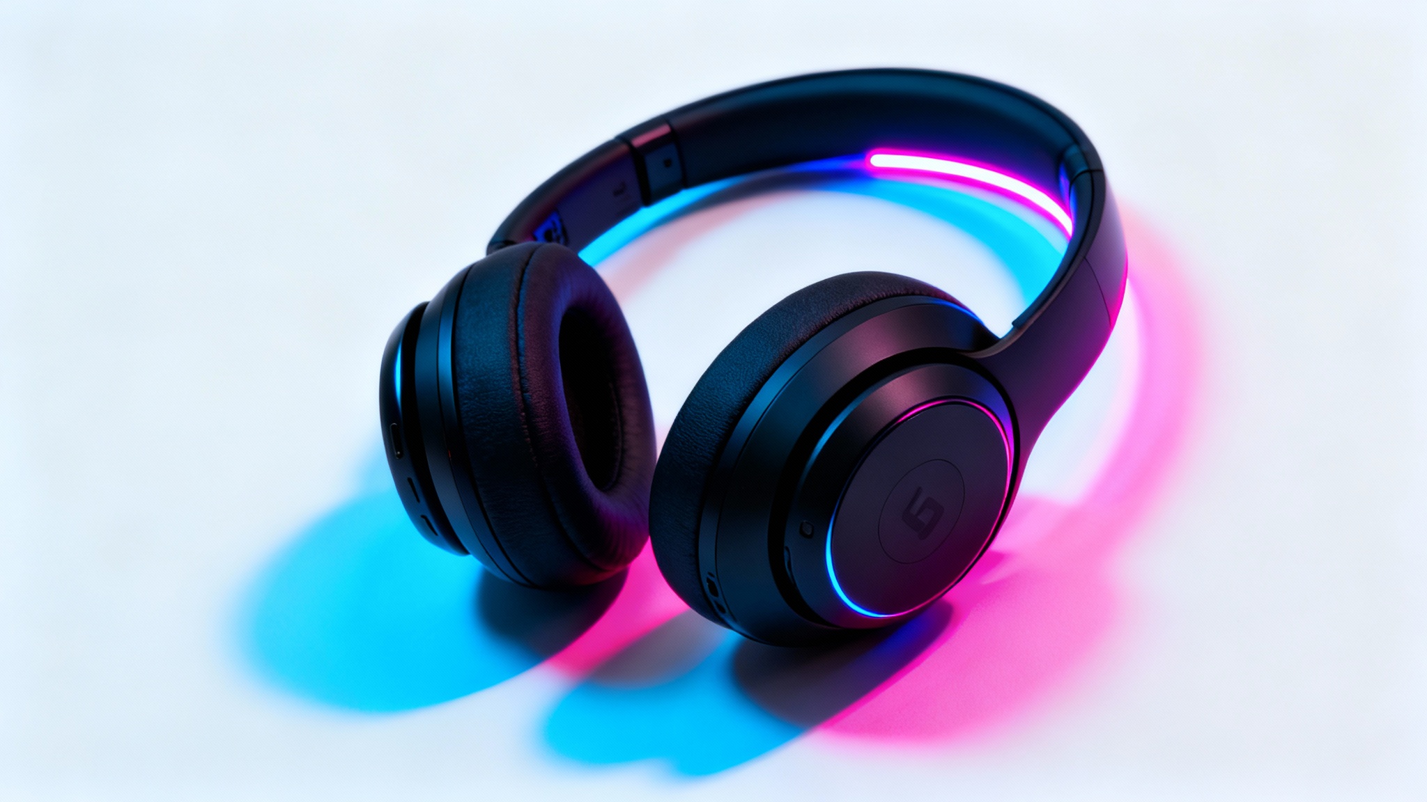 A sleek black wireless headphone is showcased against a white background, dramatically lit with glowing pink and blue neon lights creating a futuristic feel.