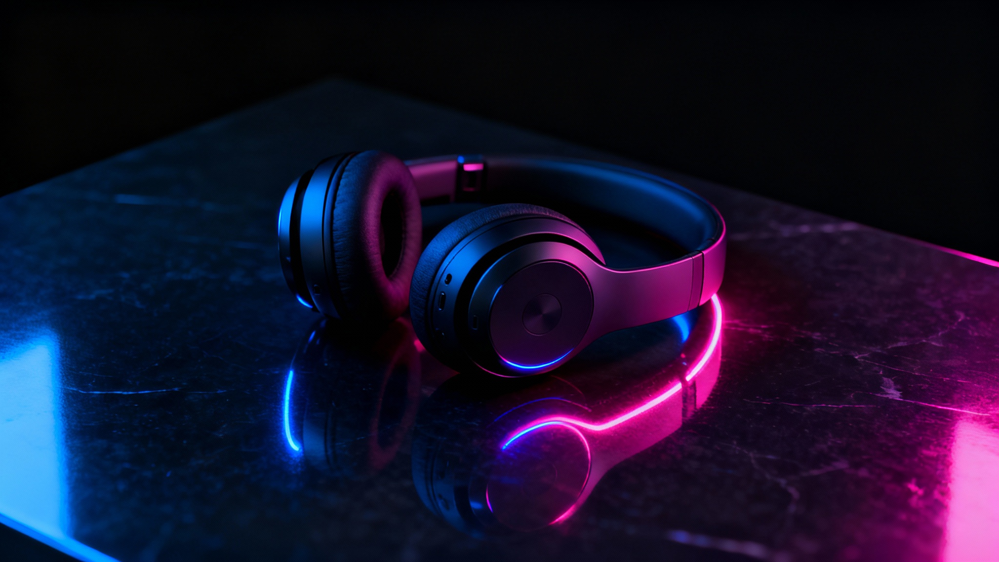 A professional product shot of black wireless headphones illuminated by vibrant blue and magenta neon lights against a dark, reflective surface, isolated on a white background.