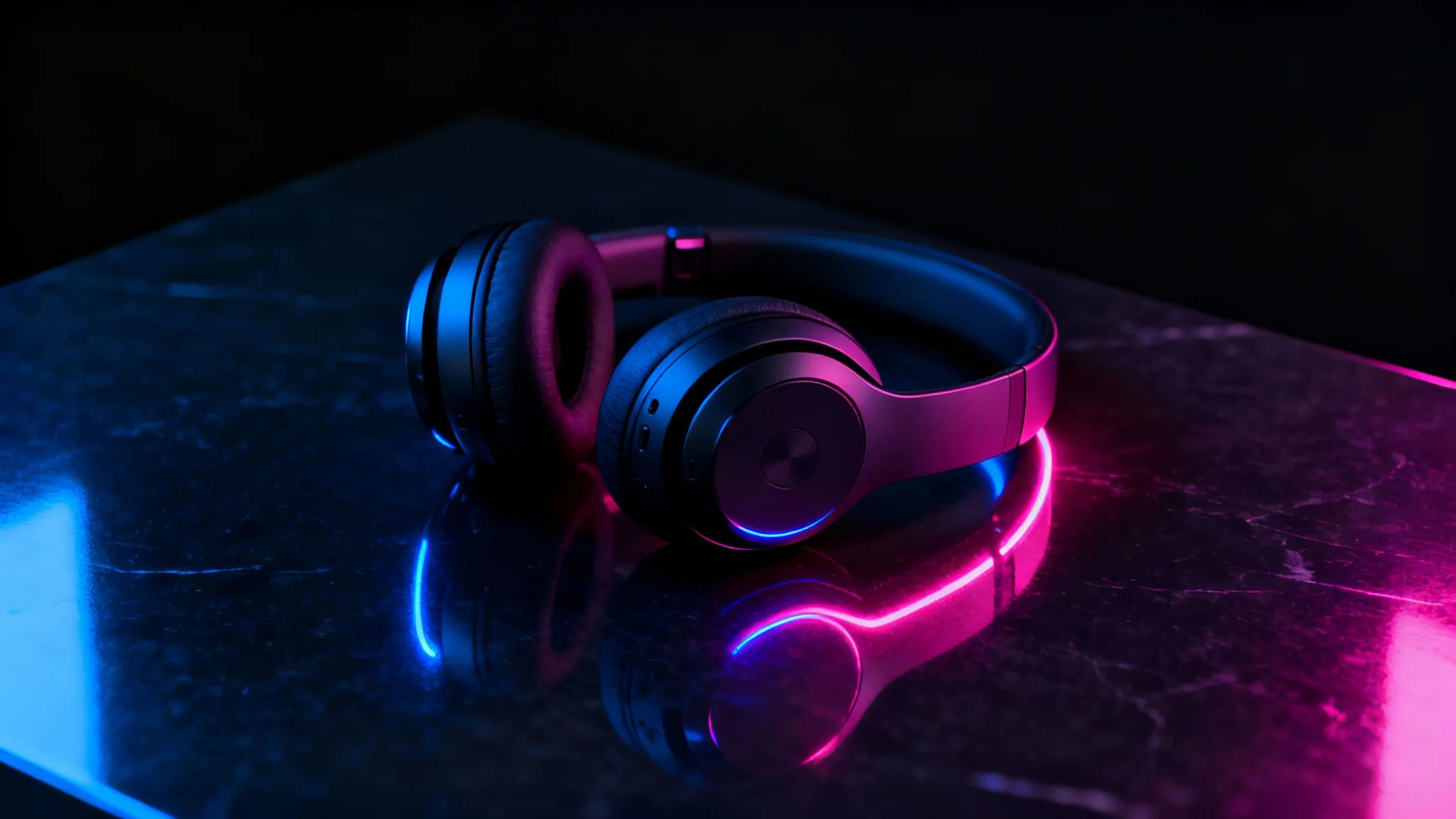 A professional product shot of black wireless headphones illuminated by vibrant blue and magenta neon lights against a dark, reflective surface, isolated on a white background.