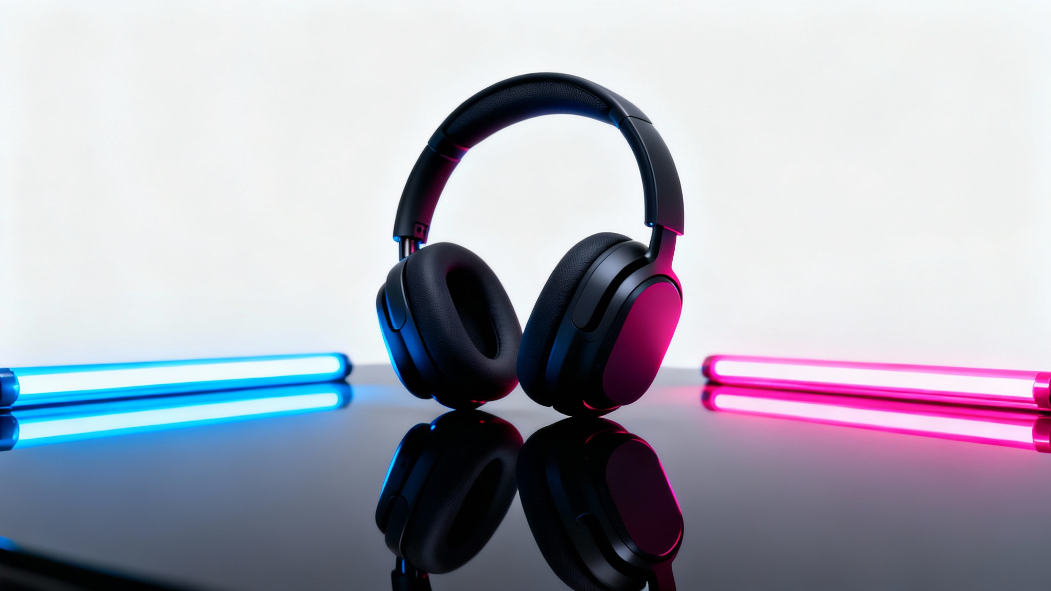 A sleek pair of black wireless headphones photographed in a studio setting, dramatically lit by vibrant blue and pink neon lights against a clean white background.
