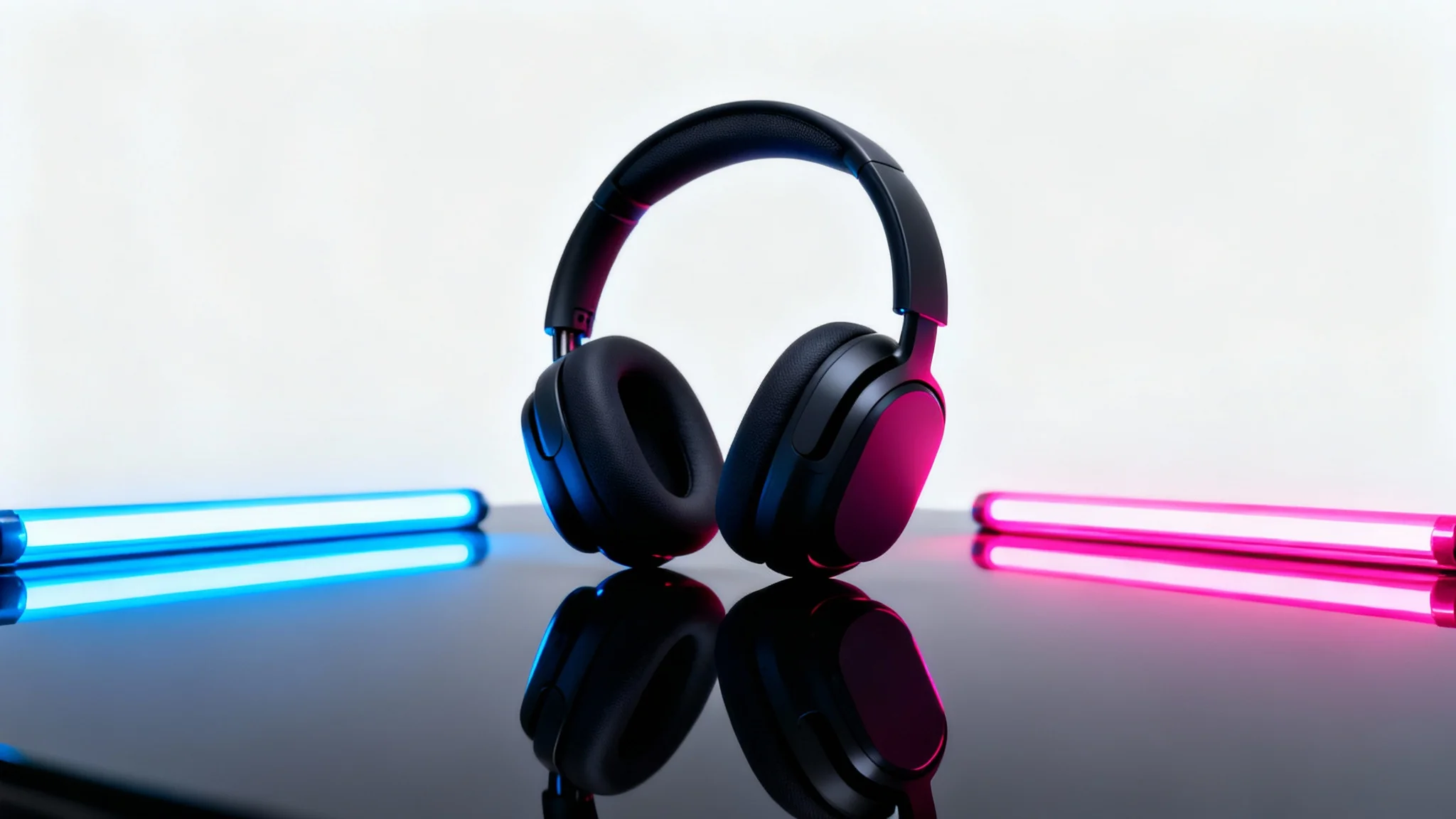 A sleek pair of black wireless headphones photographed in a studio setting, dramatically lit by vibrant blue and pink neon lights against a clean white background.
