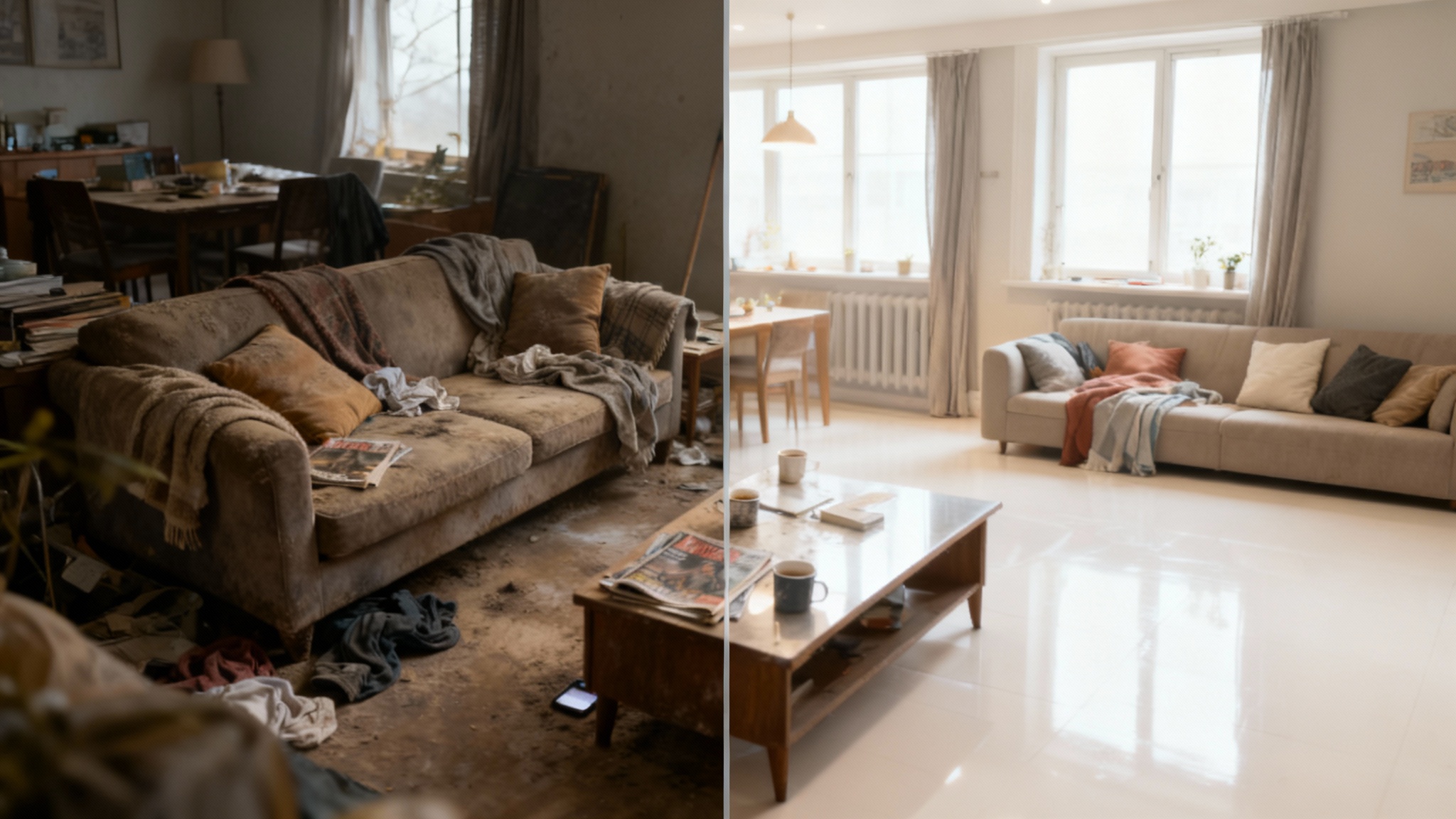 A split-screen comparison showing a living room before and after cleaning. The left side is messy and dirty, while the right side is the same room, but perfectly clean, tidy, and brightly lit, highlighting the dramatic transformation.