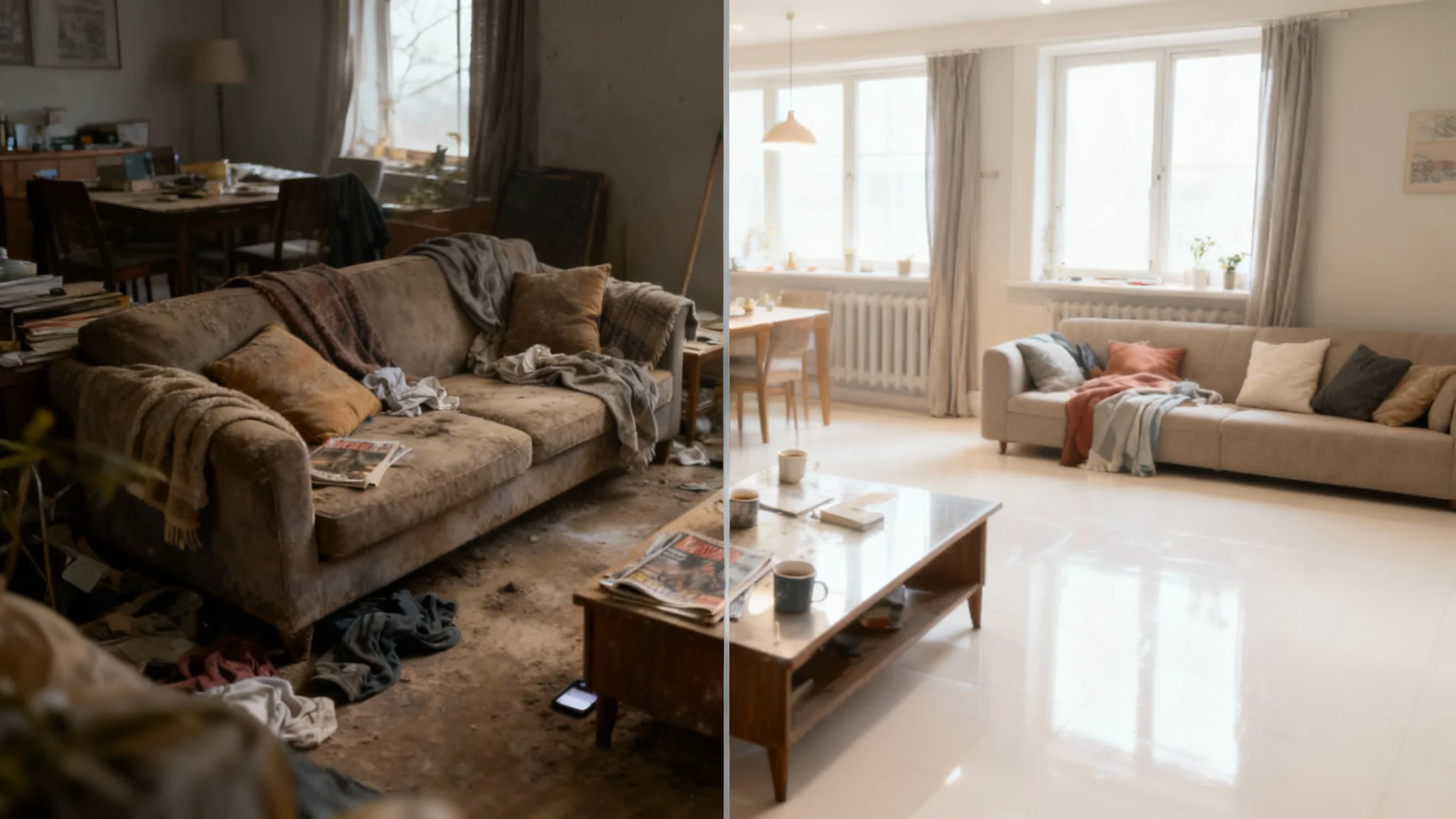 A split-screen comparison showing a living room before and after cleaning. The left side is messy and dirty, while the right side is the same room, but perfectly clean, tidy, and brightly lit, highlighting the dramatic transformation.