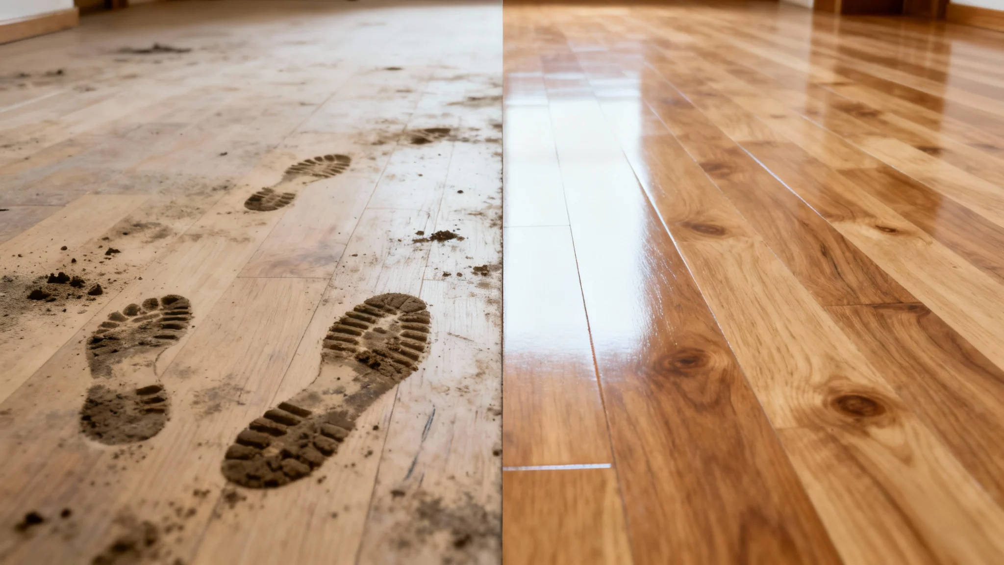 A split image showing a before-and-after comparison of a dirty wooden floor on the left and the same floor sparkling clean on the right.