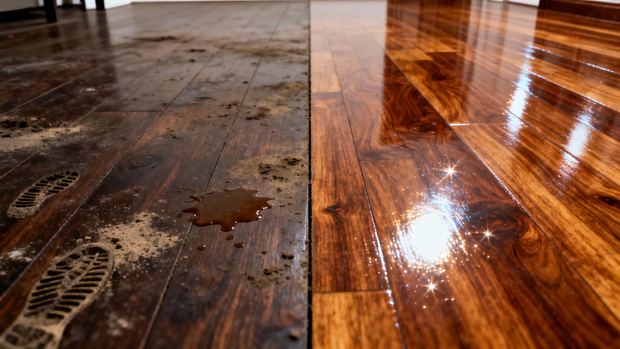A before-and-after cleaning image. The left side shows a dirty and dusty wooden floor, while the right side shows the same floor perfectly clean and polished.