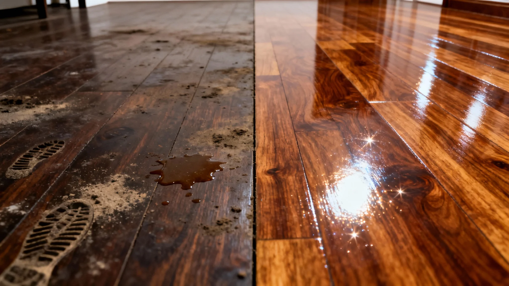 A before-and-after cleaning image. The left side shows a dirty and dusty wooden floor, while the right side shows the same floor perfectly clean and polished.
