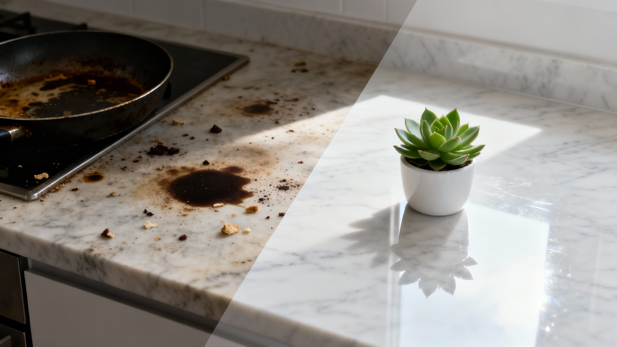 A split-screen comparison showing a kitchen countertop before and after cleaning. The left side is dirty and stained, while the right side is sparkling clean and polished.