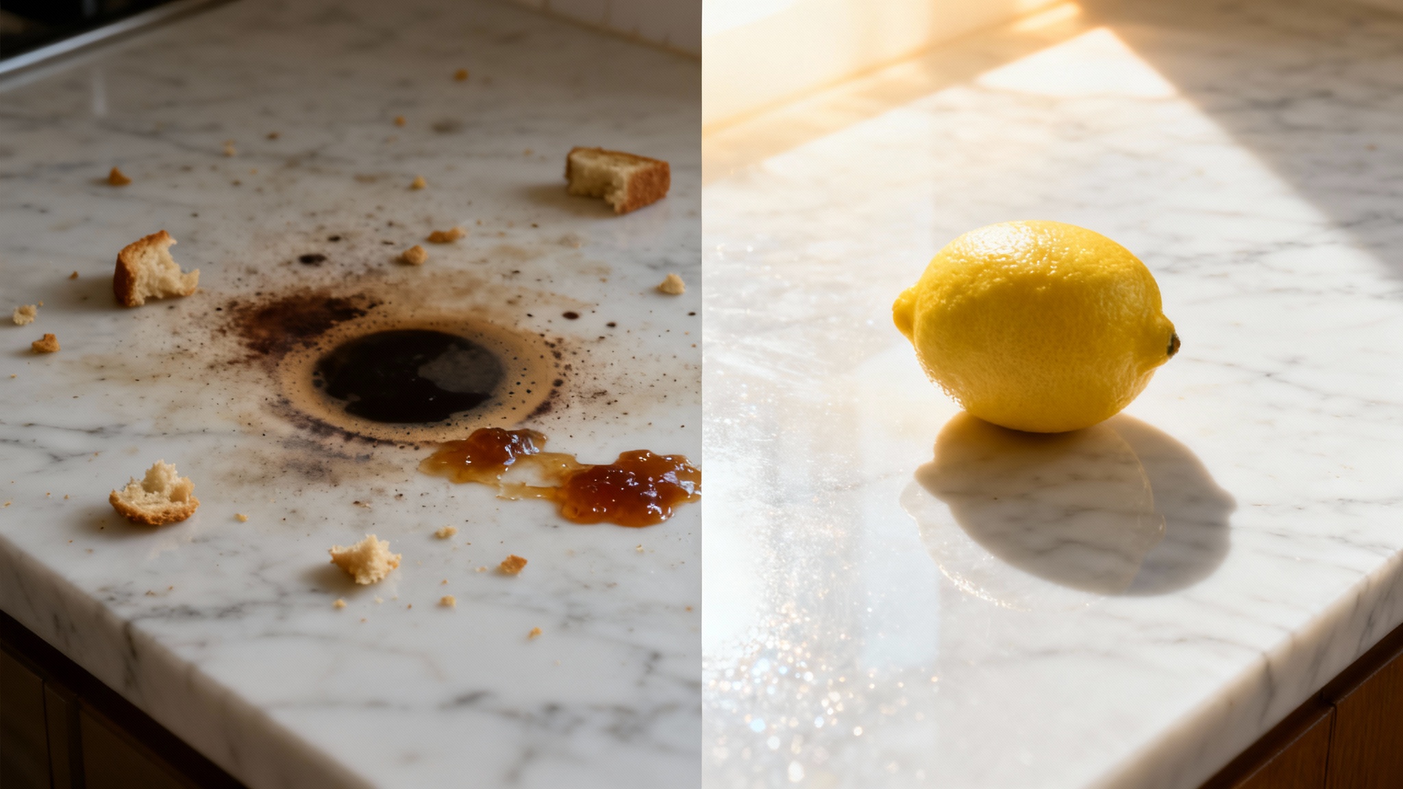 A split-screen 'before and after' image of a kitchen counter. The left side is dirty with stains and crumbs, and the right side is sparkling clean and polished.
