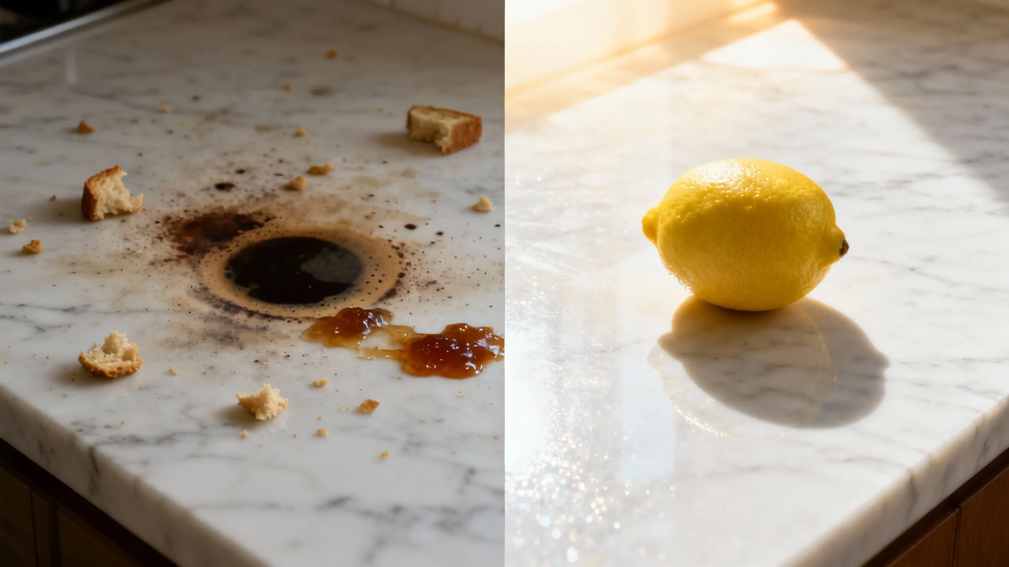 A split-screen 'before and after' image of a kitchen counter. The left side is dirty with stains and crumbs, and the right side is sparkling clean and polished.