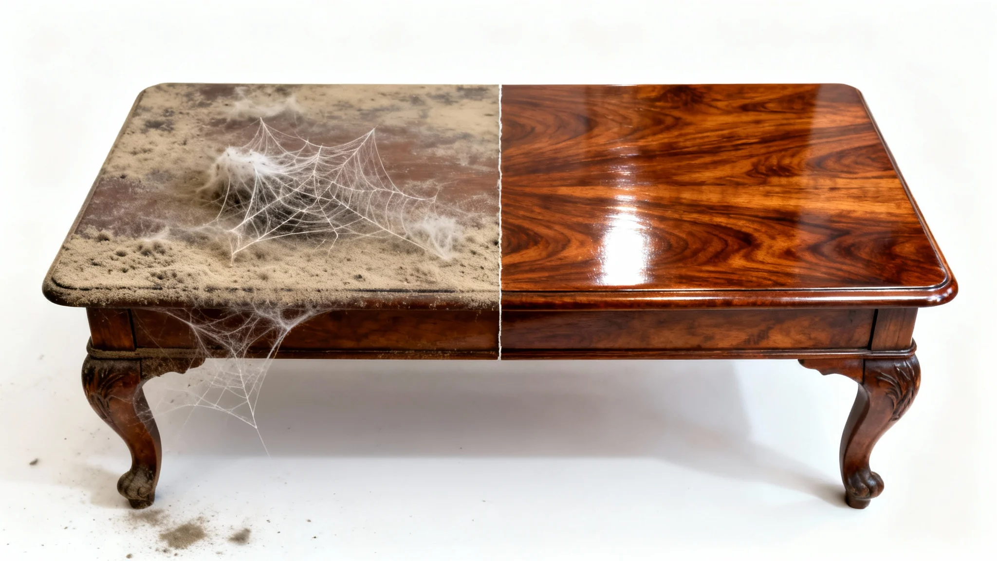 A split-view image showing a stark contrast: one half of a wooden table is covered in dust and grime, while the other half is perfectly polished and clean, demonstrating a before-and-after cleaning effect.