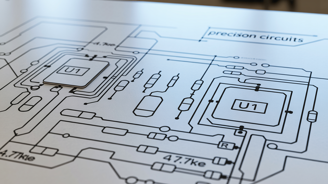 A professionally rendered electronic circuit diagram on a clean white background, showing interconnected components like ICs and resistors, representing the final output of a circuit design tool.