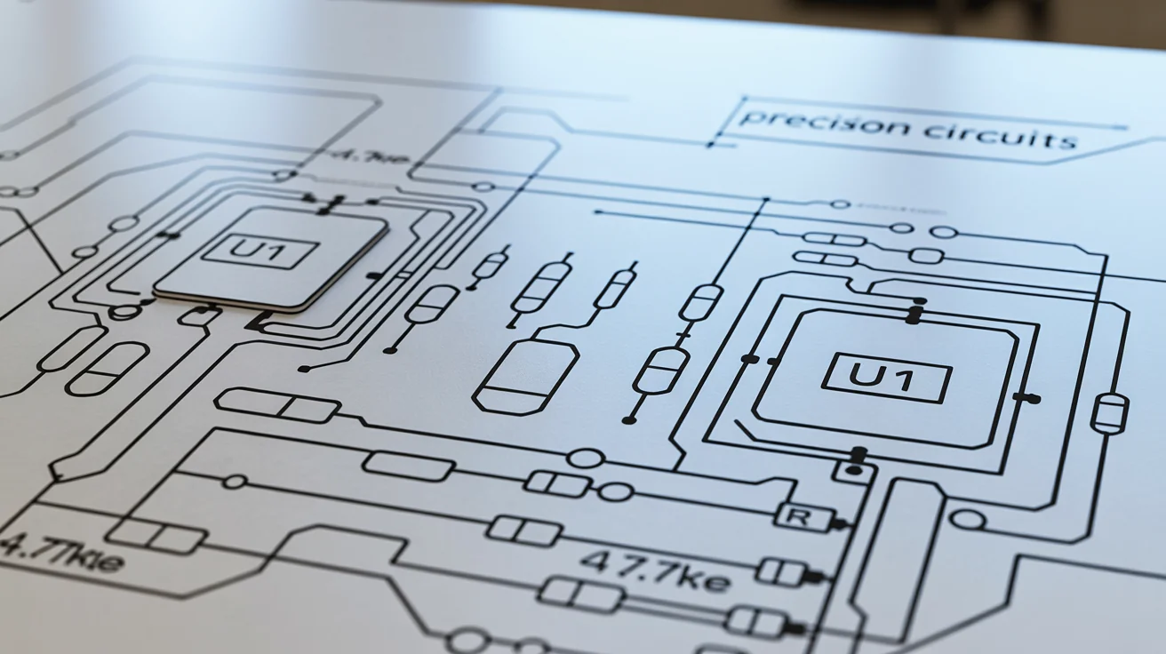 A professionally rendered electronic circuit diagram on a clean white background, showing interconnected components like ICs and resistors, representing the final output of a circuit design tool.