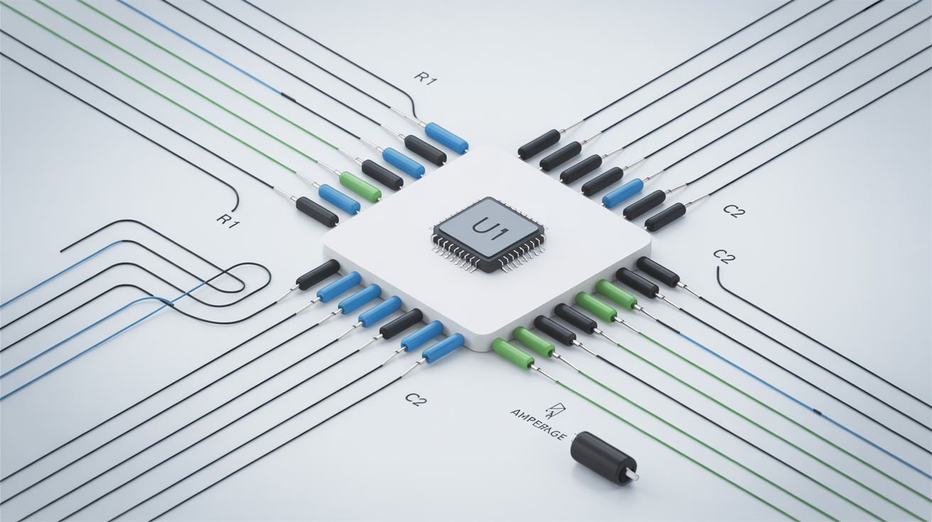 A clean and modern digital illustration of an electronic circuit diagram on a white background, showing various components like resistors and a central chip connected by colored lines.