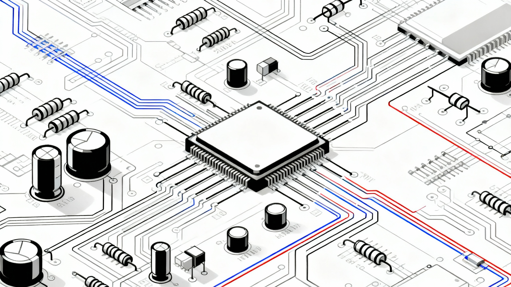 A clean, modern, and complex electronic circuit diagram mockup displayed on a solid white background, showcasing intricate connections and schematic symbols.