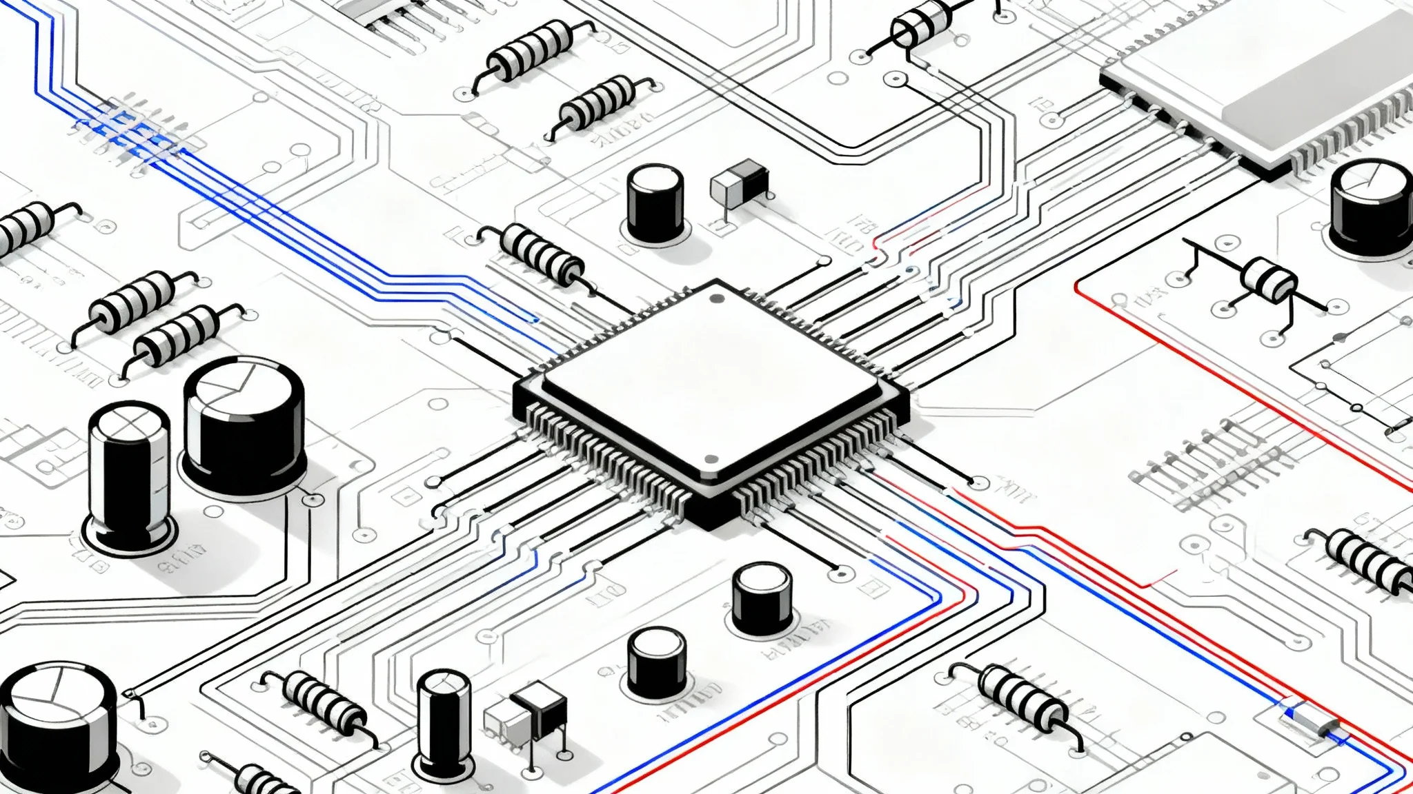 A clean, modern, and complex electronic circuit diagram mockup displayed on a solid white background, showcasing intricate connections and schematic symbols.