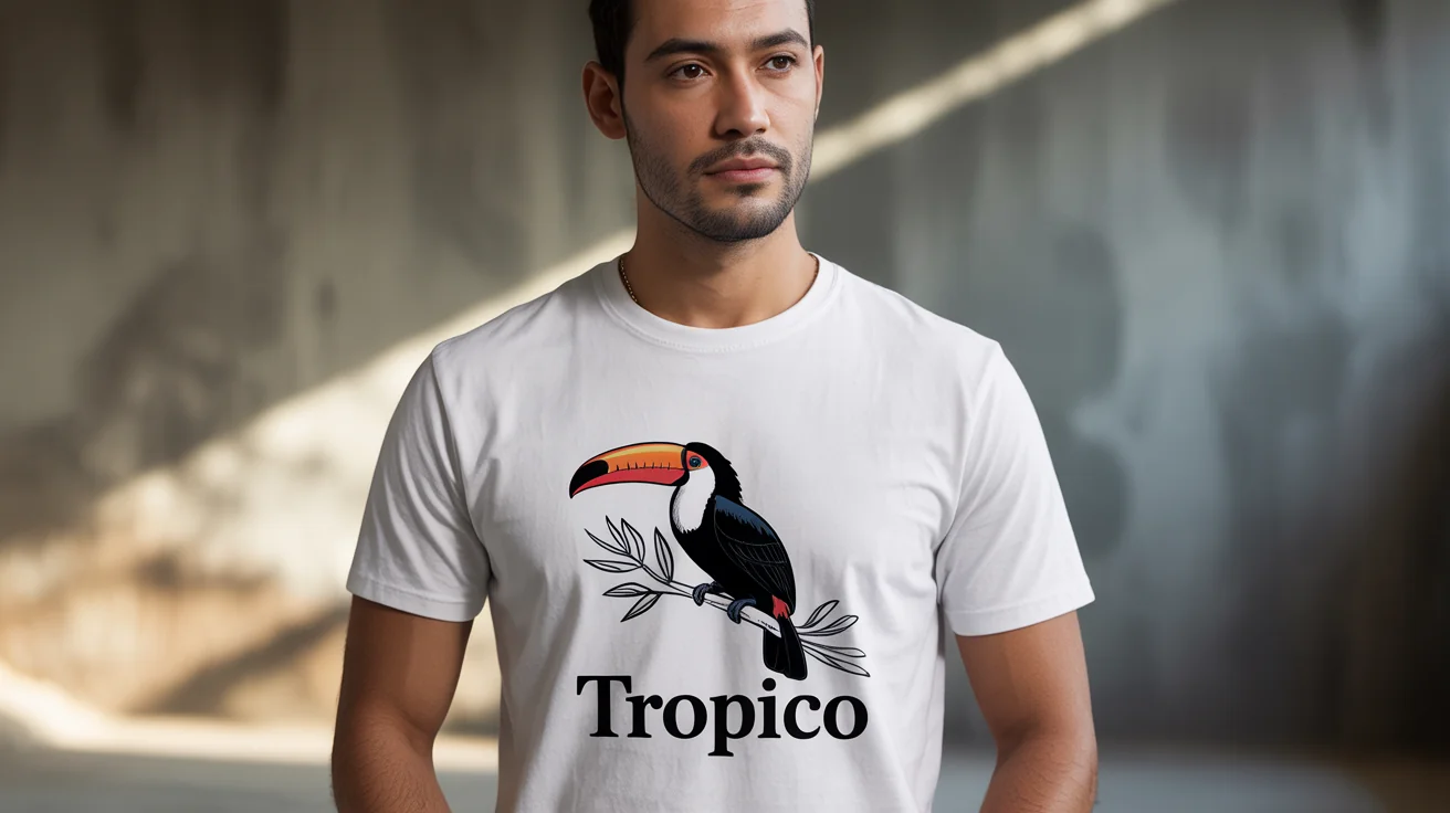 A professional photo of a person wearing a custom white t-shirt featuring a minimalist line drawing of a toucan and the word 'TROPICO'.