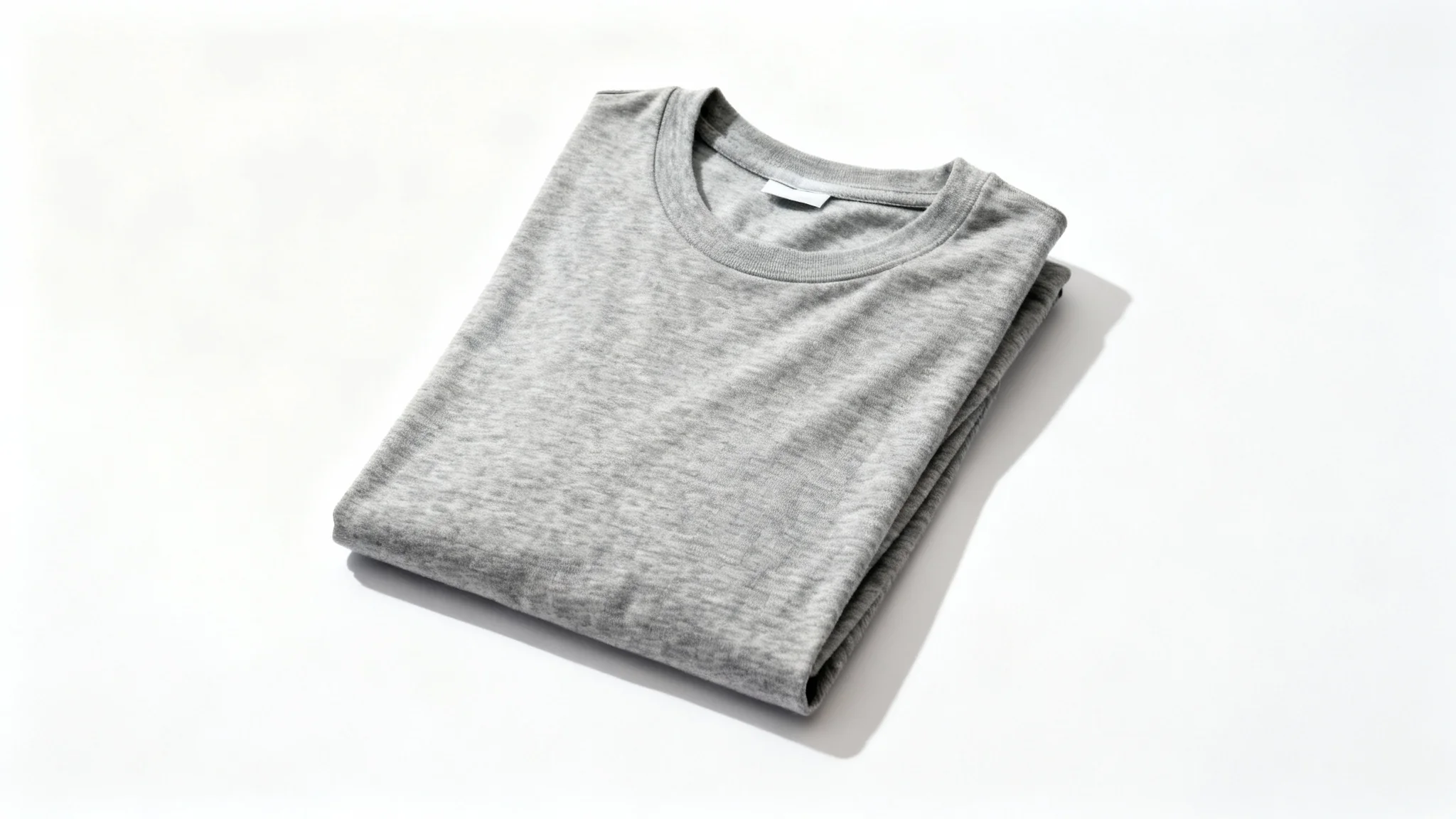 A high-quality, folded heather grey t-shirt displayed in a minimalist flat lay on a clean white background, showcasing its texture and quality.
