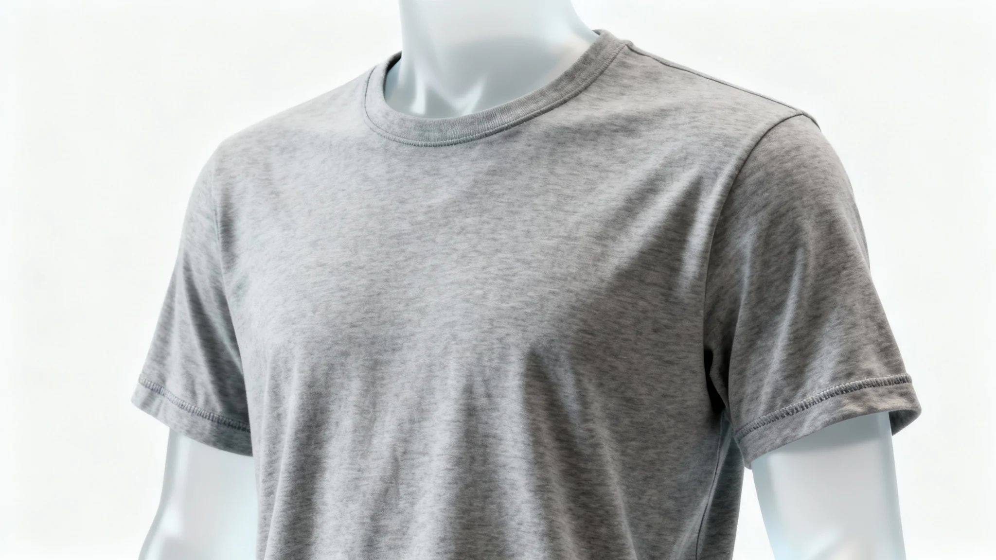 A professional product mockup of a high-quality, heather gray t-shirt on a ghost mannequin, set against a plain white background.