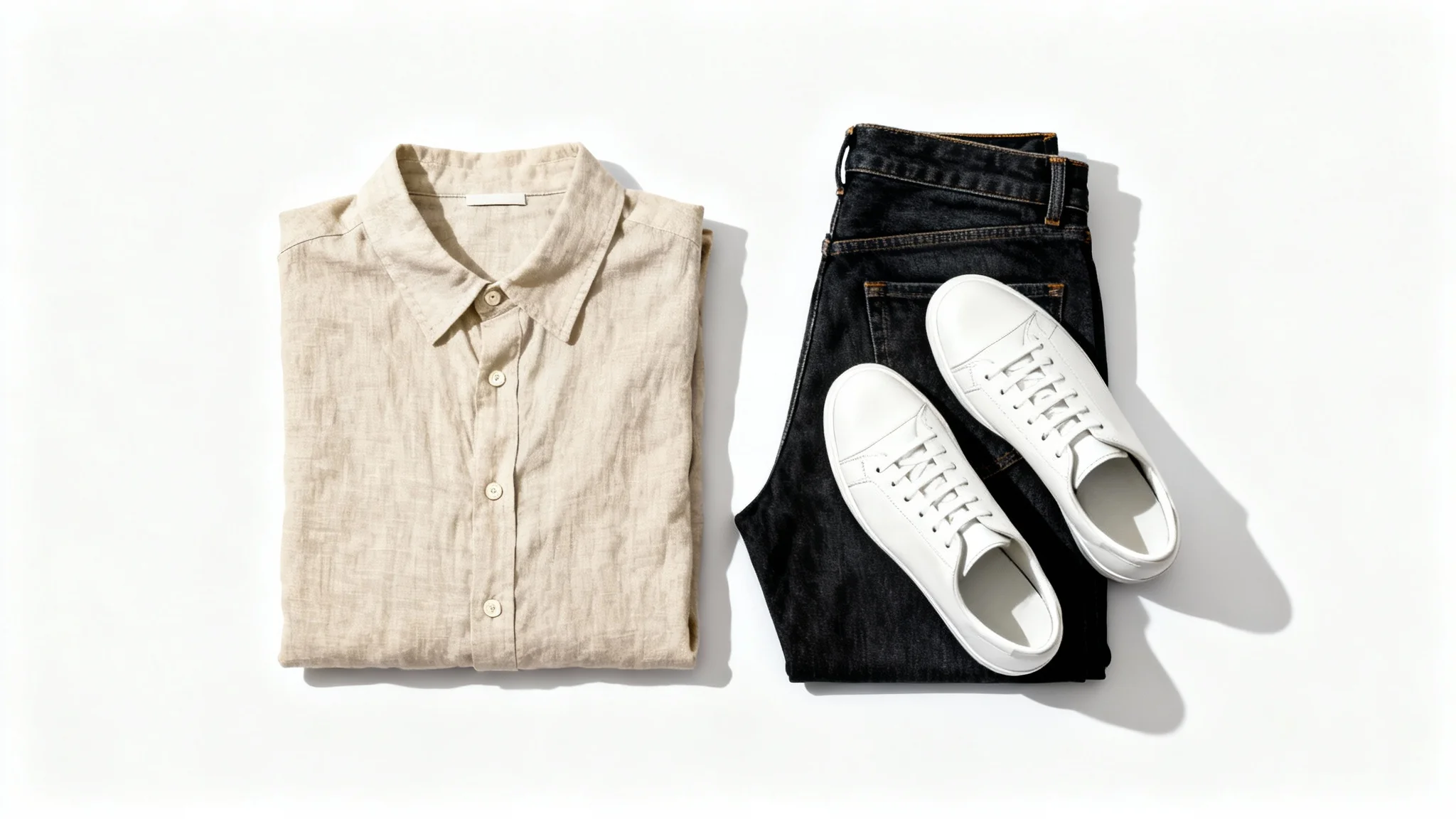 A top-down flat lay of a men's clothing outfit arranged on a white background, including a beige linen shirt, dark jeans, and white sneakers.