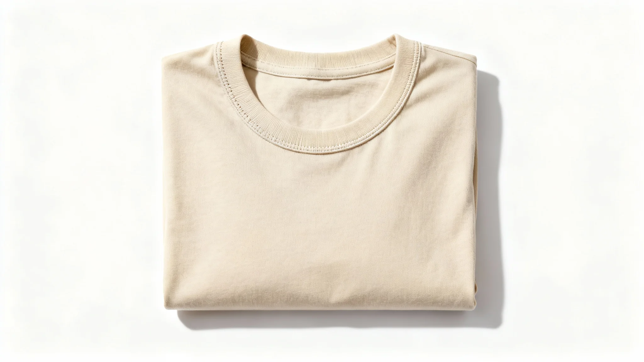 A professional product photograph of a neatly folded, premium beige cotton t-shirt displayed on a clean white background, highlighting its texture and quality.
