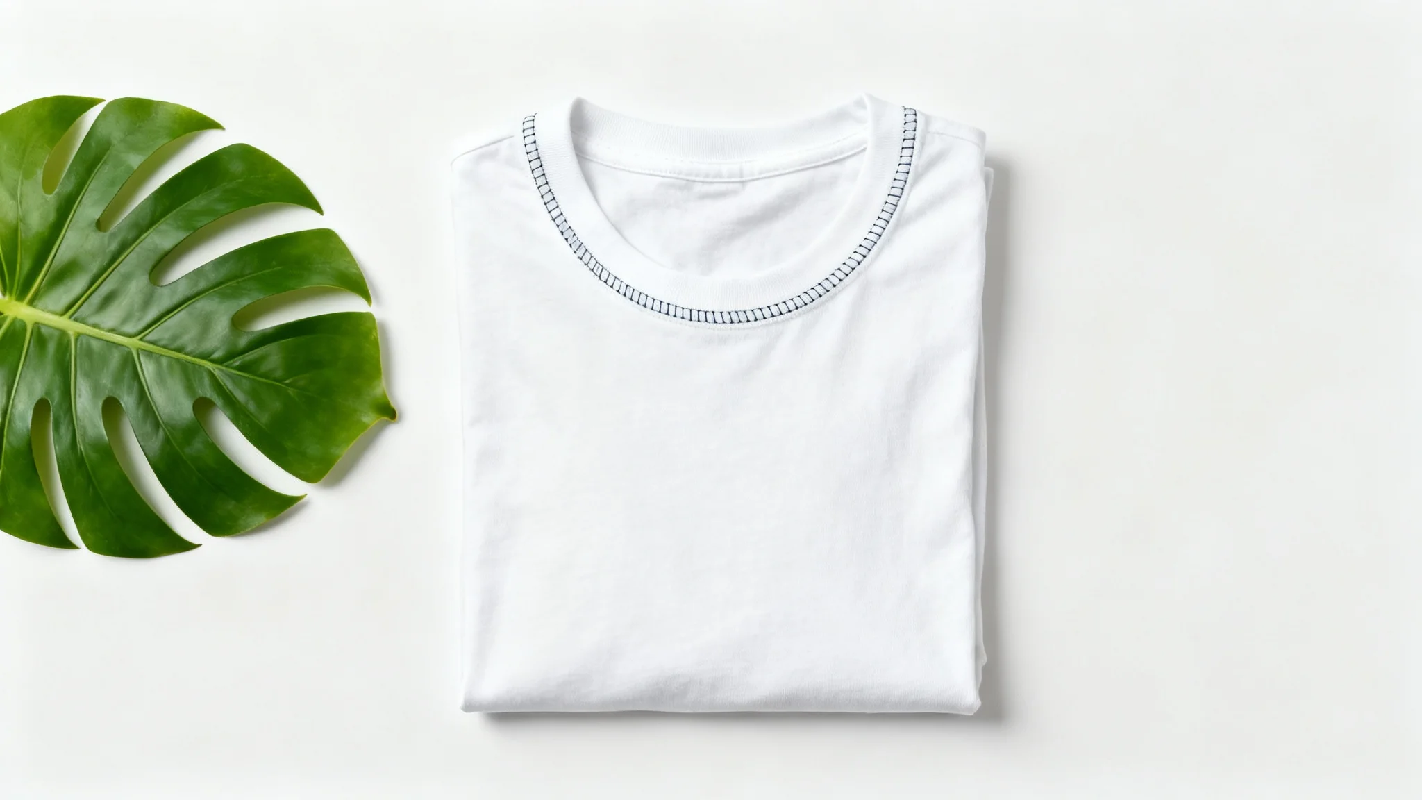A minimalist product shot of a perfectly folded, high-quality white t-shirt lying next to a green monstera leaf on a clean white background.
