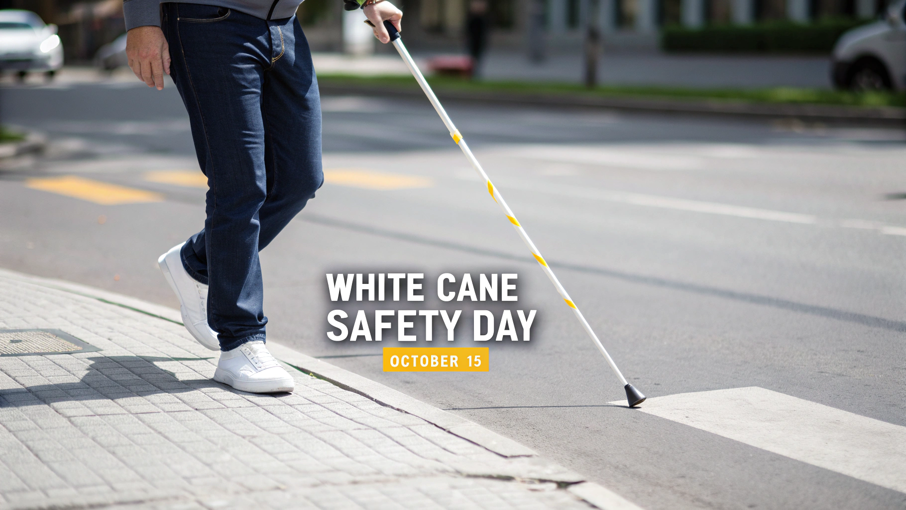 A professionally designed poster for White Cane Safety Day, featuring a photo of a person using a white cane on a crosswalk. The text 'White Cane Safety Day' and 'October 15' is displayed in a modern font.