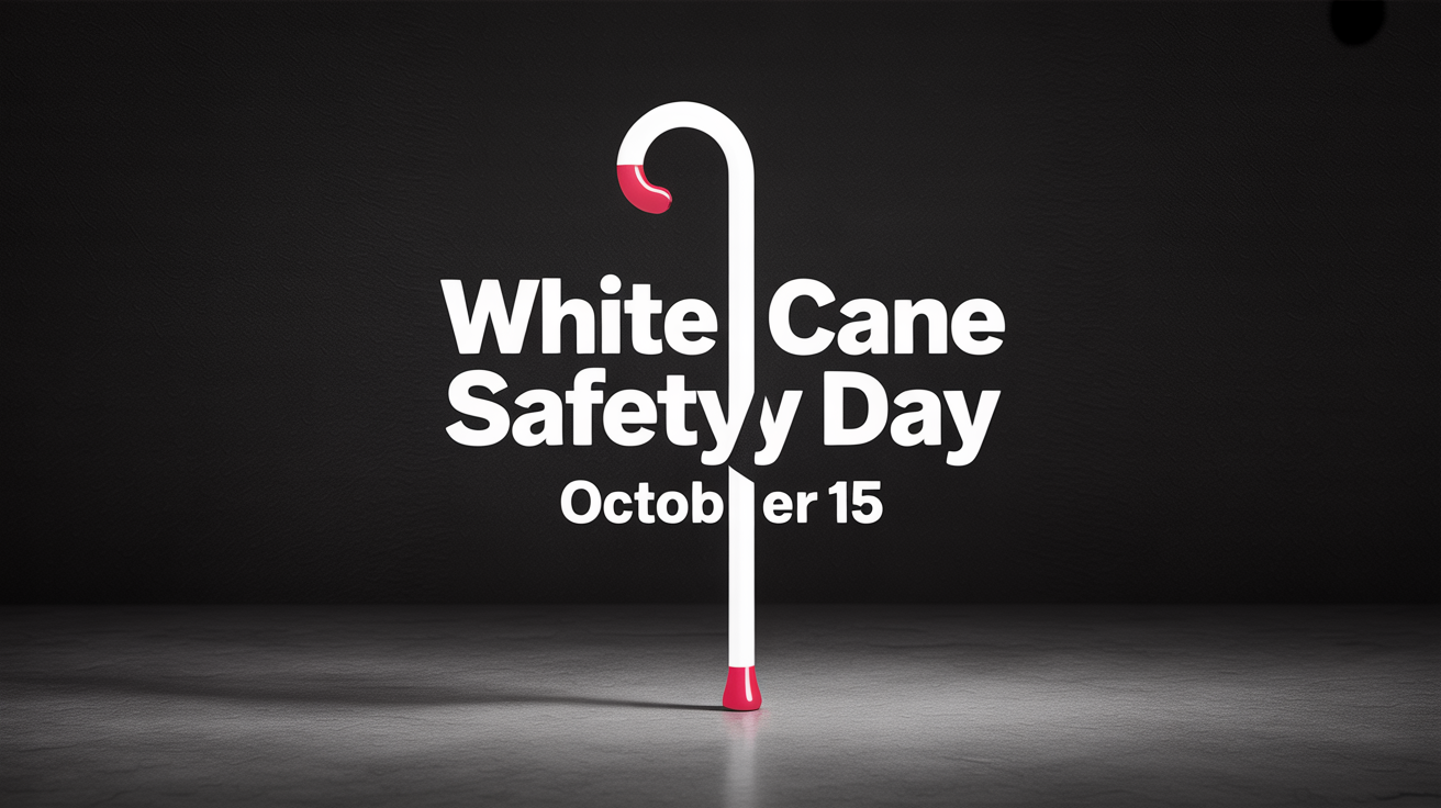 A modern poster for White Cane Safety Day, featuring a graphic of a white cane and the text 'White Cane Safety Day, October 15, Symbol of Independence'.