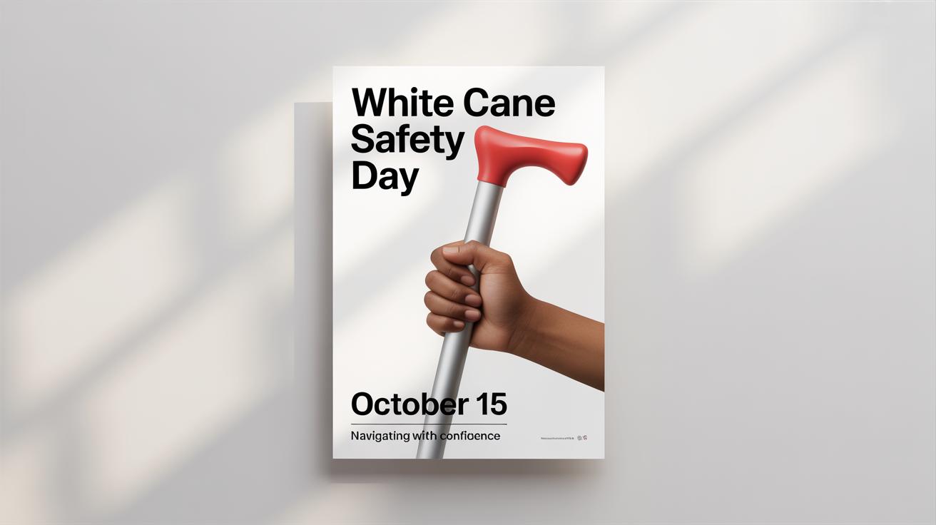 A modern poster mockup for White Cane Safety Day featuring a graphic illustration of hands holding a white cane. The text reads 'WHITE CANE SAFETY DAY', 'OCTOBER 15', and 'Navigating with Confidence'.