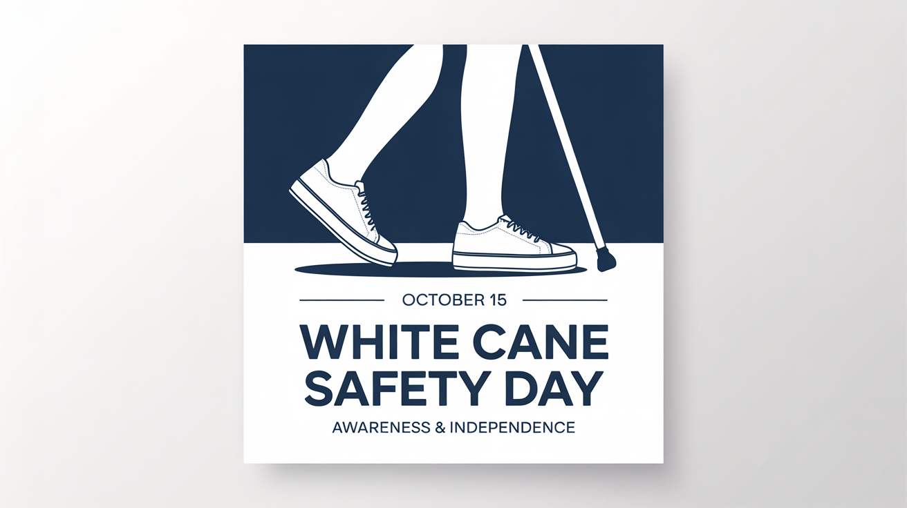 A modern poster for White Cane Safety Day, featuring a minimalist design of a person using a white cane against a dark blue background. The poster includes the text 'White Cane Safety Day', the date 'October 15', and the tagline 'Awareness & Independence'.
