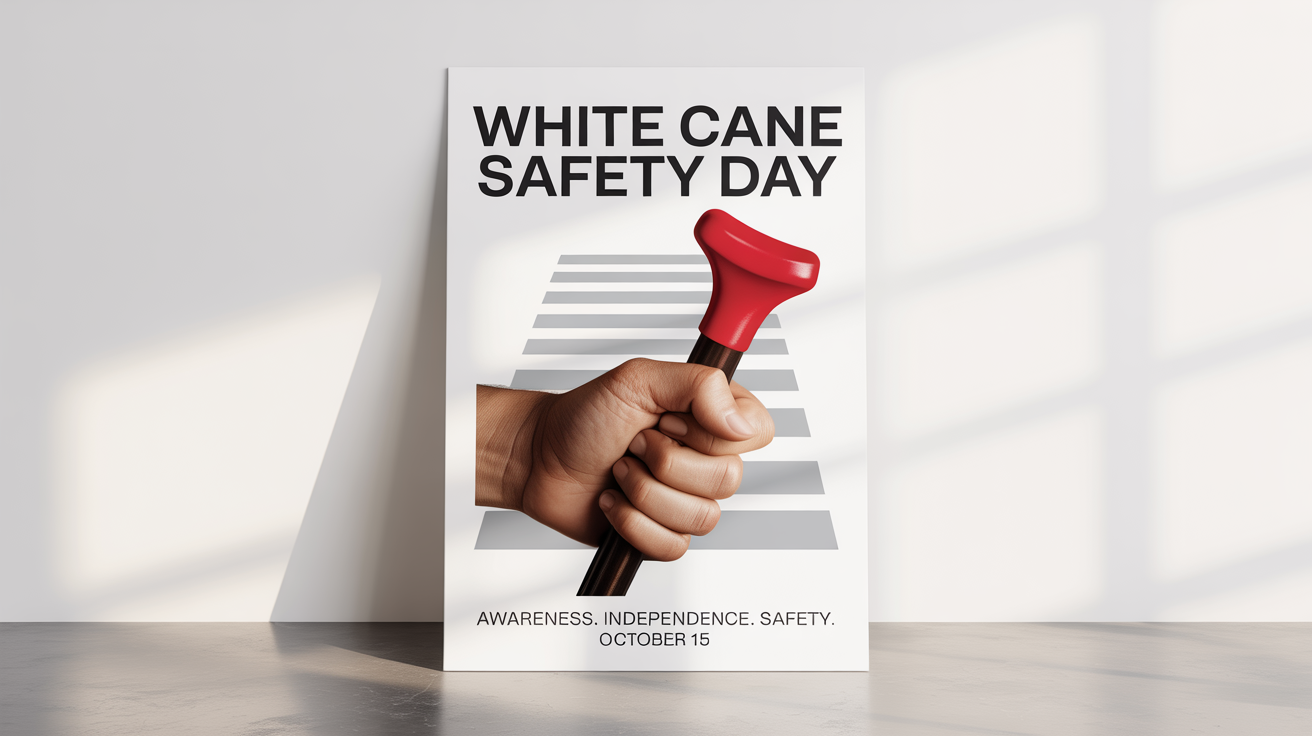 A modern poster mockup for White Cane Safety Day, showing a hand holding a white cane. The poster has text that reads 'White Cane Safety Day' and 'Awareness. Independence. Safety. October 15'.