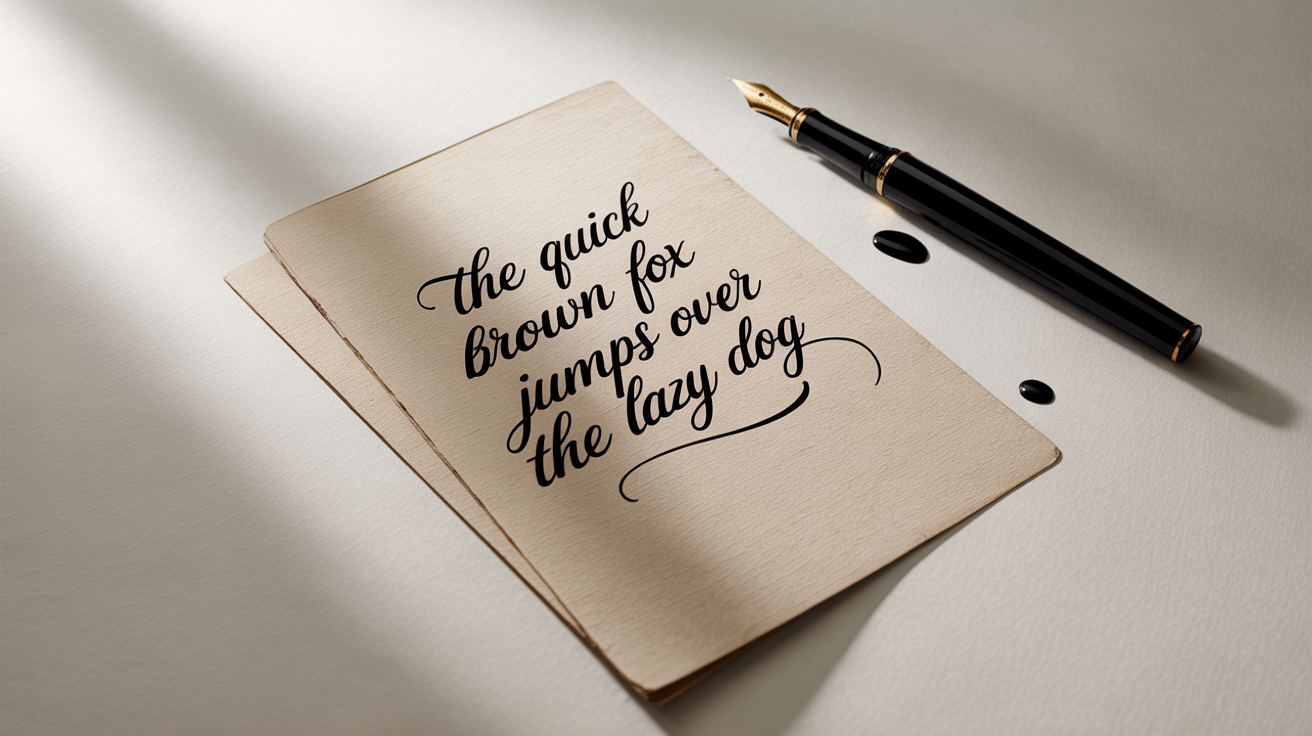 A close-up, top-down view of elegant cursive handwriting on cream-colored textured paper, with a black and gold fountain pen resting beside it on a clean white background.