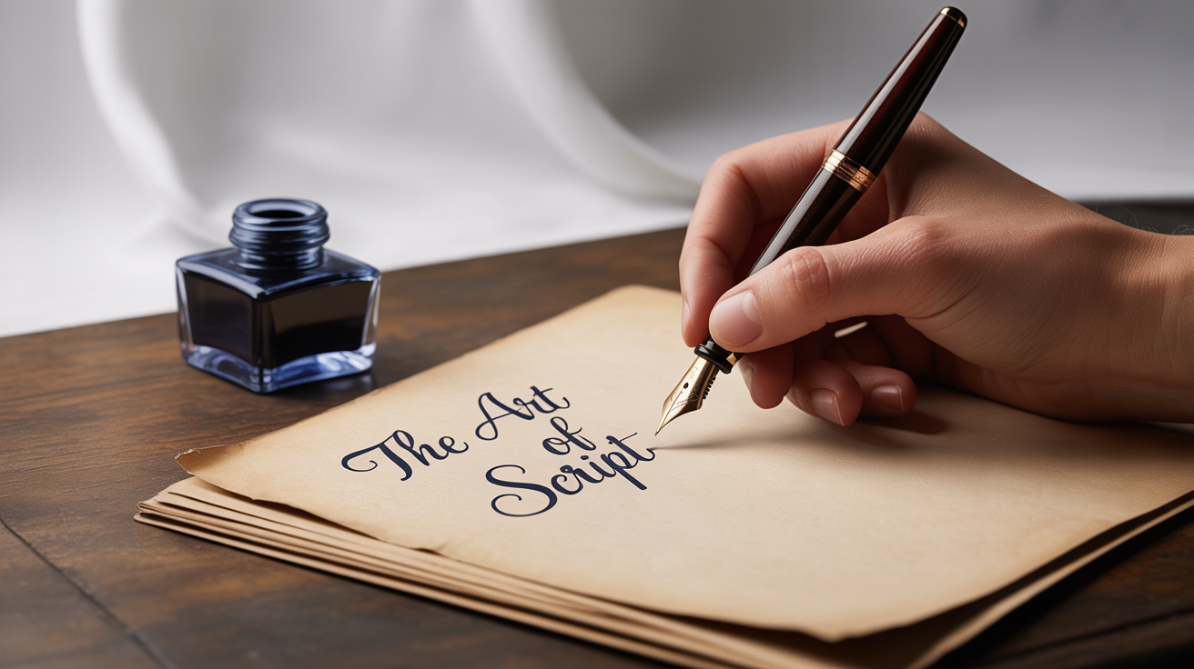 A close-up, top-down view of a hand writing in elegant cursive with a fountain pen on cream-colored paper, against a solid white background.