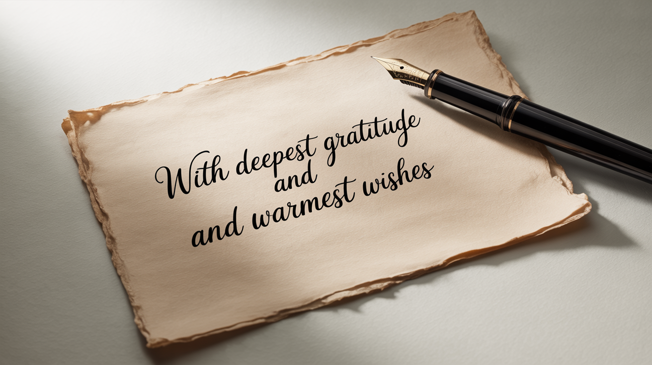 An elegant, handwritten note in cursive script on cream paper, with a classic fountain pen resting beside it on a plain white background.