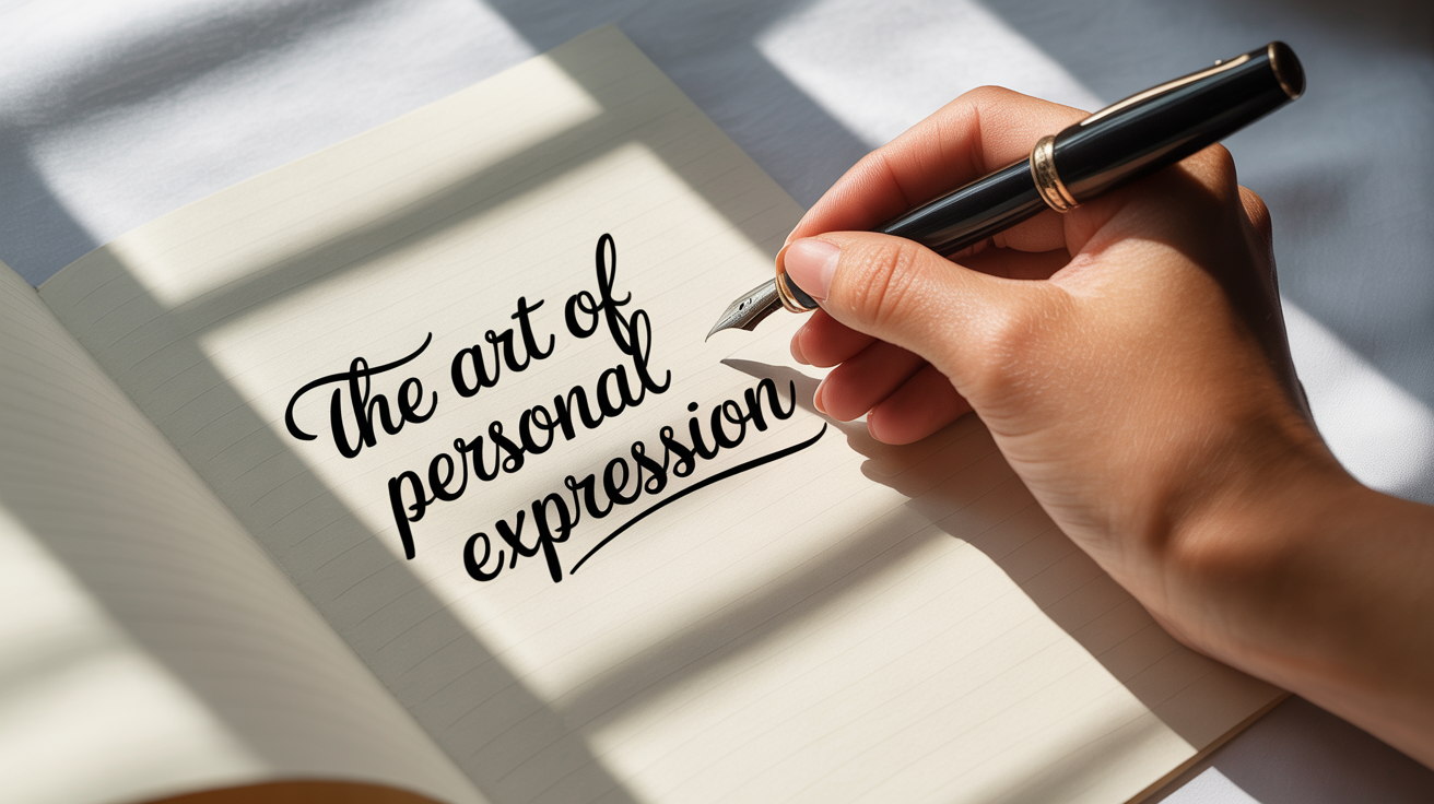 A close-up, top-down view of a hand writing in elegant cursive with a fountain pen on cream paper against a white background. The text reads 'The Art of Personal Expression'.