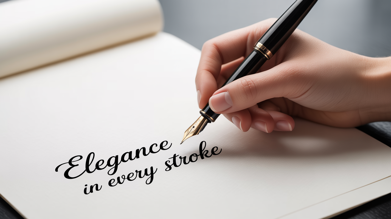 A close-up shot of a hand writing the words 'Elegance in every stroke' in beautiful cursive with a fountain pen on white paper, against a clean white background.