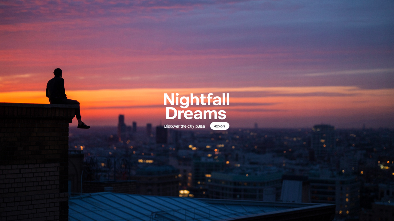 A polished hero image showing a cityscape at dusk with a person's silhouette on a rooftop. Overlaid is a modern text design that reads 'NIGHTFALL DREAMS' with the subtext 'Discover the City's Pulse'.